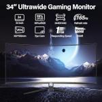 ZZA 34" Ultrawide Curved Gaming Monitor, 1500R PC Screen 165hz WQHD 3440x1440, Curved Computer Monitors with FreeSync,HDR10, 1ms,Eye Care, Borderless Design,Support Wallmount 75x75mm