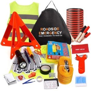 Car Roadside Emergency Kit, Auto Vehicle Truck Safety Emergency Road Side Assistance Kits with Jumper Cables, First Aid Kit, Tow Rope, Reflective Warning Triangle, Tire Pressure Gauge, etc