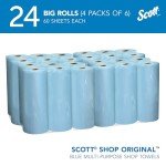 Scott Shop Towels Original, Big Rolls, 4 Packs of 6 Rolls, 11"x9.4" Blue Sheets, 24 Rolls/Case, 1,440 Towels/Case