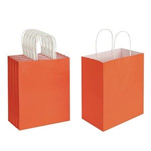Oikss 50 Pack 8x4.75x10 Inch Medium Orange Kraft Paper Bags with Handles Bulk for Birthday Wedding Party Favors Grocery Retail Shopping Takeout Business Goody Craft Gift Bags Sacks, (50pcs Count)