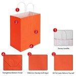 Oikss 50 Pack 8x4.75x10 Inch Medium Orange Kraft Paper Bags with Handles Bulk for Birthday Wedding Party Favors Grocery Retail Shopping Takeout Business Goody Craft Gift Bags Sacks, (50pcs Count)
