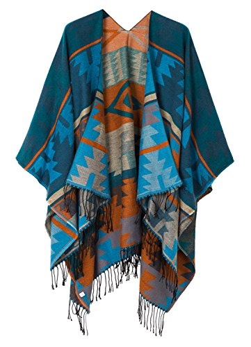 Urban CoCo Women's Blue Printed Tassel Poncho