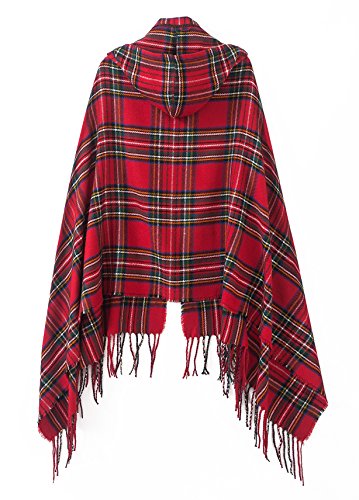 Red Vintage Knitted Plaid Poncho with Tassels