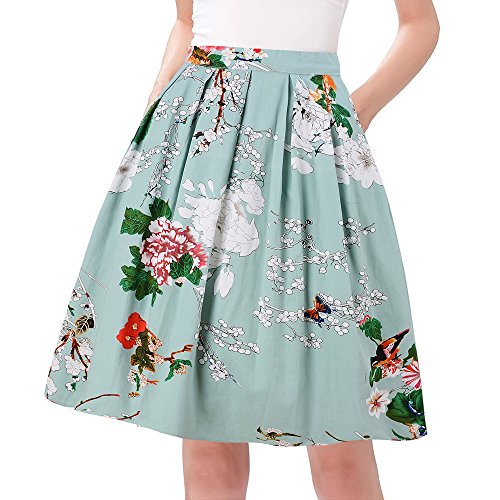 Green Flower Rockabilly Retro Pleated Skirt Size S