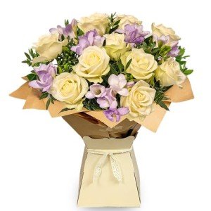 White Rose & Lilac Freesia Flower Bouquet