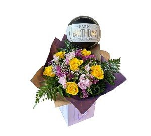 Bright Yellow Rose Bouquet with Birthday Balloon