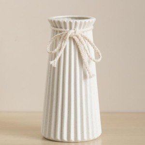 Small White Ceramic Ribbed Vase for Flowers
