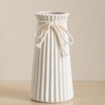 Small White Ceramic Ribbed Vase for Flowers