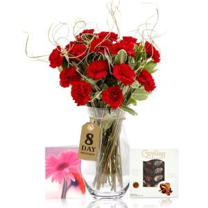 Luxury Red Carnation Bouquet with Belgian Chocolates