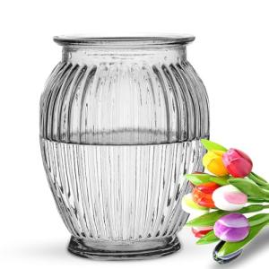 Large Clear Ribbed Glass Flower Vase - 18cm