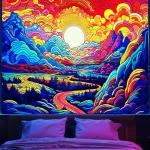 Vibrant Blacklight Mountain Tapestry for Retro Vibes