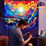 Vibrant Blacklight Mountain Tapestry for Retro Vibes