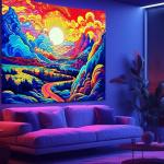 Vibrant Blacklight Mountain Tapestry for Retro Vibes