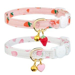 Pink Strawberry Cat Collars with Heart Pendant - 2 Pack