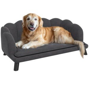 Charcoal Gray Velvet Dog Sofa with Foam Cushion