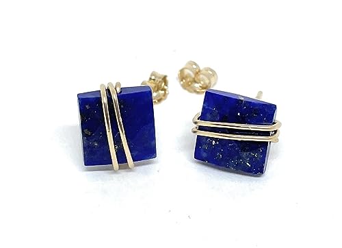 Lapis Lazuli Square Stud Earrings, 14k Gold Filled