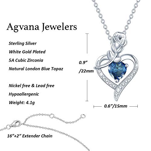 AGVANA Blue Topaz Necklace - Rose Heart Pendant