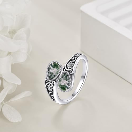 POPLYKE Sterling Silver Moss Agate Filigree Spoon Ring