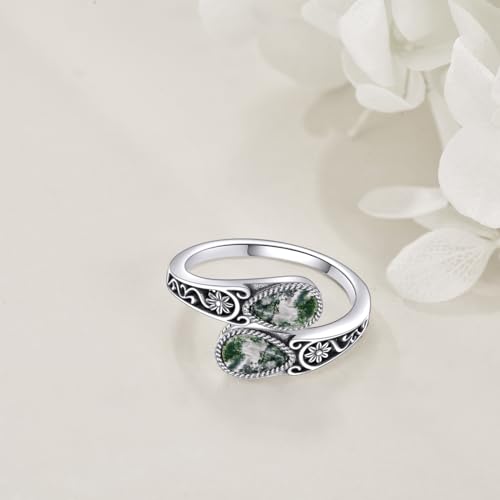 POPLYKE Sterling Silver Moss Agate Filigree Spoon Ring
