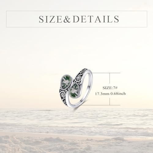 POPLYKE Sterling Silver Moss Agate Filigree Spoon Ring