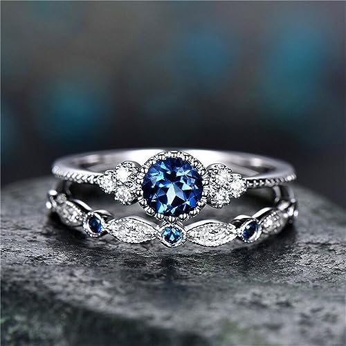 Natural Sapphire & CZ Sterling Silver Wedding Ring Set