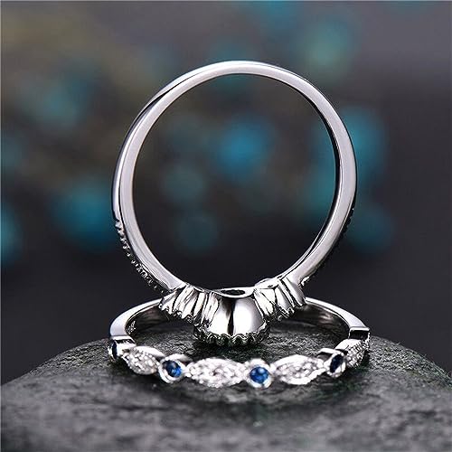 Natural Sapphire & CZ Sterling Silver Wedding Ring Set