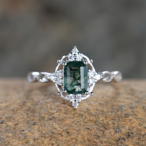 Angol Natural Moss Agate Silver Promise Ring Women