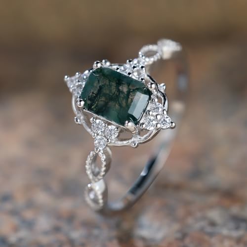 Angol Natural Moss Agate Silver Promise Ring Women