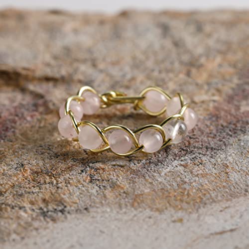 Handmade Rose Quartz Wire Wrapped Beaded Braided Ring