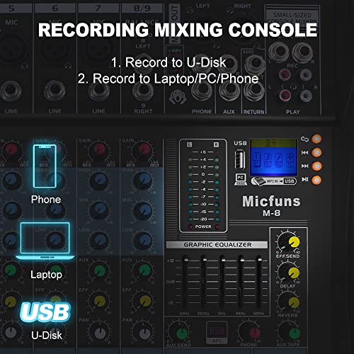 8-Channel Mixer with Bluetooth for DJ Studio Recording