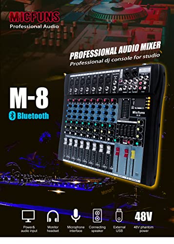 8-Channel Mixer with Bluetooth for DJ Studio Recording