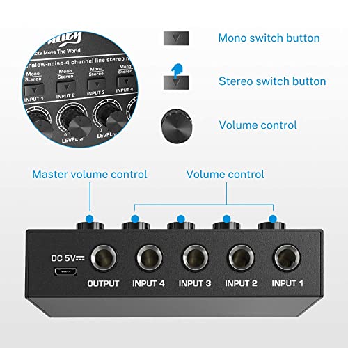 Moukey Mini Audio Mixer Line Mixer, 4-Stereo Ultra