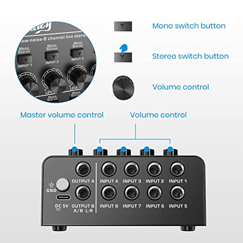 Moukey 8-Stereo Line Mixer for Small Clubs/Bars