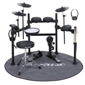 Asmuse ADE-60 Electric Drum Set, Drum Set With 4 Mesh Drum Pads, Switch Pedals, Headphones, Sticks, Electronic Drum Kit for Beginners Adults Kids (Black)