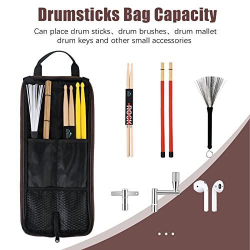 EASTROCK Drum Sticks Bag with 3 Pair Drumsticks, Drumstick Bag with Floor Tom Hook, Carrying Strap (Brown)