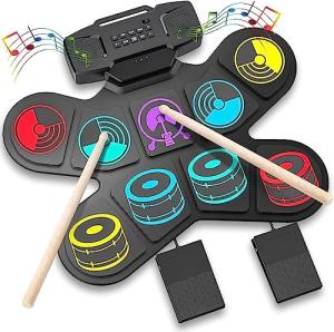 Electronic Drum Set, Colorful Roll-Up Drum Practice Pad, Portable/Dual Stereo Speakers/Bluetooth/Supports DTX Game, 9 Pad Digital Drum Kit for Kids Beginner Holiday Birthday Gift