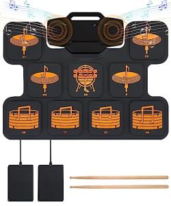 Asmuse Portable Electronic Drum E-Drum, Roll-up Midi Drum Kit 2000mAh Rechargeable 9 Pads 2 Pedals with Built-in Dual Speakers