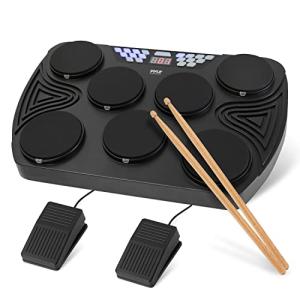 Pyle Electronic, Portable Electric Tabletop Bluetooth Machine, 7 Pads, Toms, Snare Drums, Hi-Hat, Cymbals, Kick Bass, Pedal Controller, USB, AUX, LED Display Panel (PTED08)