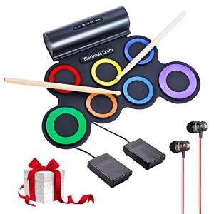 AUGLEAP Electronic Drum Set for Kids, Roll Up Practice Pad, Electric Drum Kit with Headphone, Foot Pedals and Drumsticks, Gift for Children Beginners Age 5-14