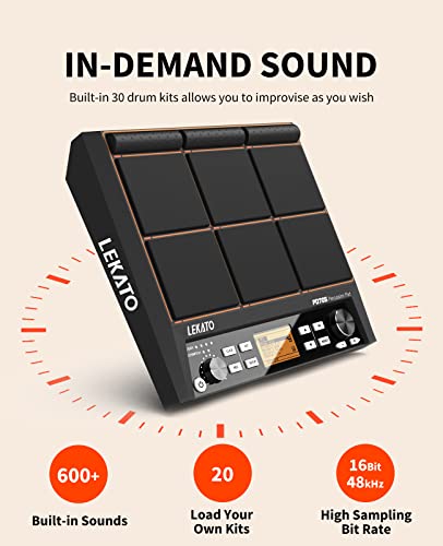 Drum Sample Pad, LEKATO Electric Drum Set Pad with 9 Velocity-Sensitive Drum Pad, Built-in 30 Drum Kits, Percussion Pad Multipad with MIDI out, USB MIDI, Looper, Triggering inputs