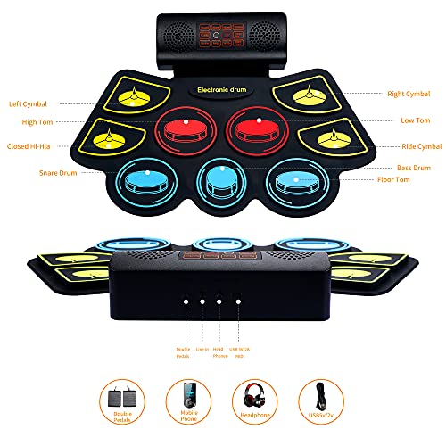 (9 Pads) Electronic Drum Set with Light Up Drumsticks and Stand, Electronic Drum Pad with 5 Different Drum Kit, 10 Unique Rhythms, Bulit-in Double Speakers, Roll Up Drum Kit, Kids Drum Set
