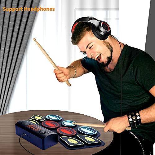 (9 Pads) Electronic Drum Set with Light Up Drumsticks and Stand, Electronic Drum Pad with 5 Different Drum Kit, 10 Unique Rhythms, Bulit-in Double Speakers, Roll Up Drum Kit, Kids Drum Set