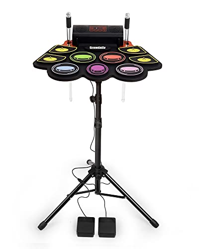 Electric Kids Drum Set,Electronic Drum Set Practice 9 Pads With Stand,Music Recording,Light Up Drum Sticks,Drum Pedal,Midi,Dual Stereo Speaker(Rainbow)