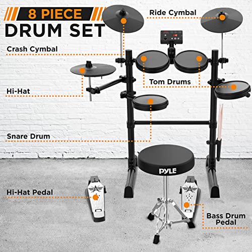 Pyle 8-Piece Electric Drum Set Professional Electronic Drumming Kit Machine w/MIDI Support, Preloaded Sounds, Record Mode, Cymbals, Digital Foot Pedals, Sound Module, Drumsticks, Mac/PC Compatible