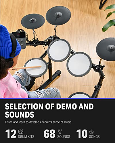 Donner DED-70 Electric Drum Set, Electric Drums with 4 Quiet Mesh Drum Pads, 2 Switch Pedal, Portable and Solid Drum Set with Type-C Charging, 68+ Sounds, Throne, Headphones, Sticks, Melodics Lessons