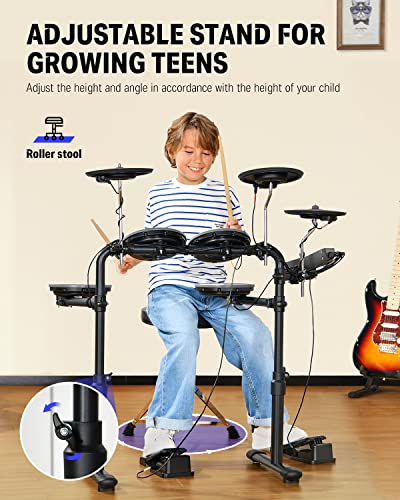 Donner DED-70 Electric Drum Set, Electric Drums with 4 Quiet Mesh Drum Pads, 2 Switch Pedal, Portable and Solid Drum Set with Type-C Charging, 68+ Sounds, Throne, Headphones, Sticks, Melodics Lessons