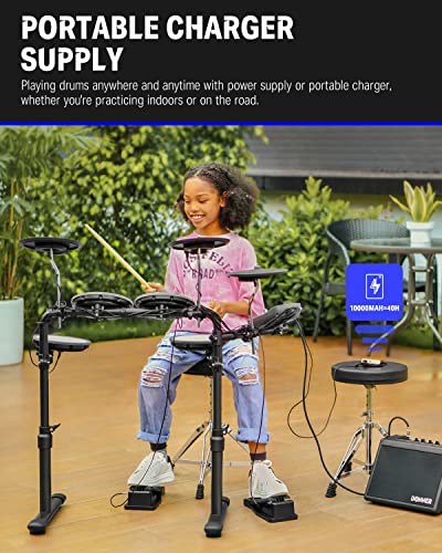 Donner DED-70 Electric Drum Set, Electric Drums with 4 Quiet Mesh Drum Pads, 2 Switch Pedal, Portable and Solid Drum Set with Type-C Charging, 68+ Sounds, Throne, Headphones, Sticks, Melodics Lessons