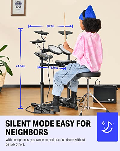 Donner DED-70 Electric Drum Set, Electric Drums with 4 Quiet Mesh Drum Pads, 2 Switch Pedal, Portable and Solid Drum Set with Type-C Charging, 68+ Sounds, Throne, Headphones, Sticks, Melodics Lessons