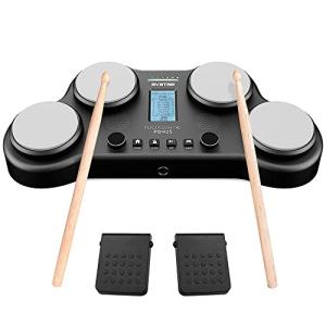 HXW PD405 Tabletop Electric Drum Set, With 163 Percussion Sounds, 4 Velocity-Sensitive Drum Pads, 2 Pedals and Drum Sticks Black