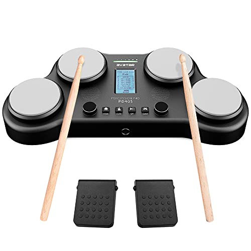HXW PD405 Tabletop Electric Drum Set, With 163 Percussion Sounds, 4 Velocity-Sensitive Drum Pads, 2 Pedals and Drum Sticks Black